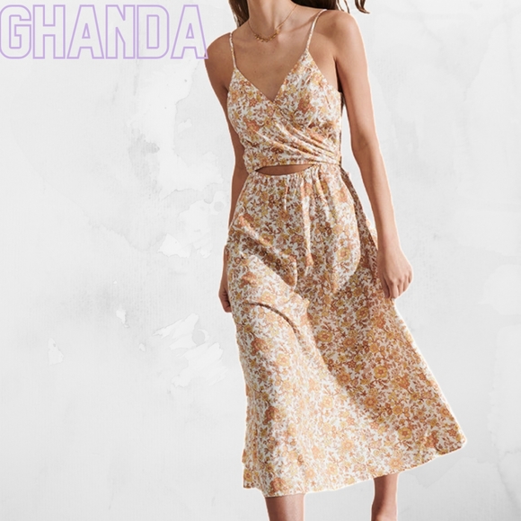 Ghanda Dresses & Skirts - Ghanda Romeo Multicolour Floral Linen Blend Bow Detail Midi Dress Size L